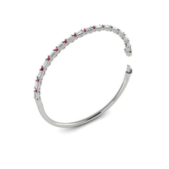 Vlora Baguette Cut Diamonds & Round Ruby Bangle in 14k White Gold