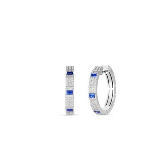 Roberto Coin Obelisco Pavé Diamond & BlueSapphire Hoops in 18k White Gold