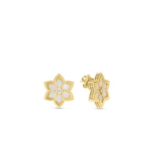 Roberto Coin Vernazza Diamond & Mother of Pearl Flower Earrings in 18k Gold