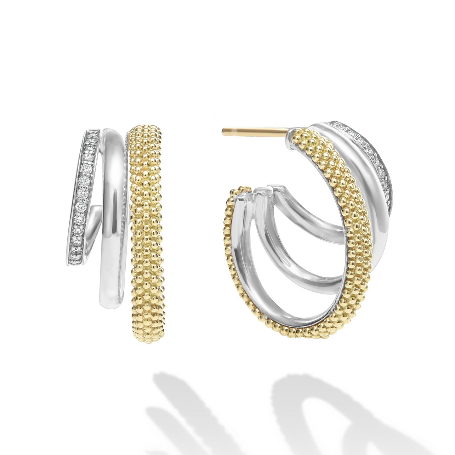 Lagos Two-Tone Three Ring Diamond Hoop Earrings in Sterling Silver & 18k Gold