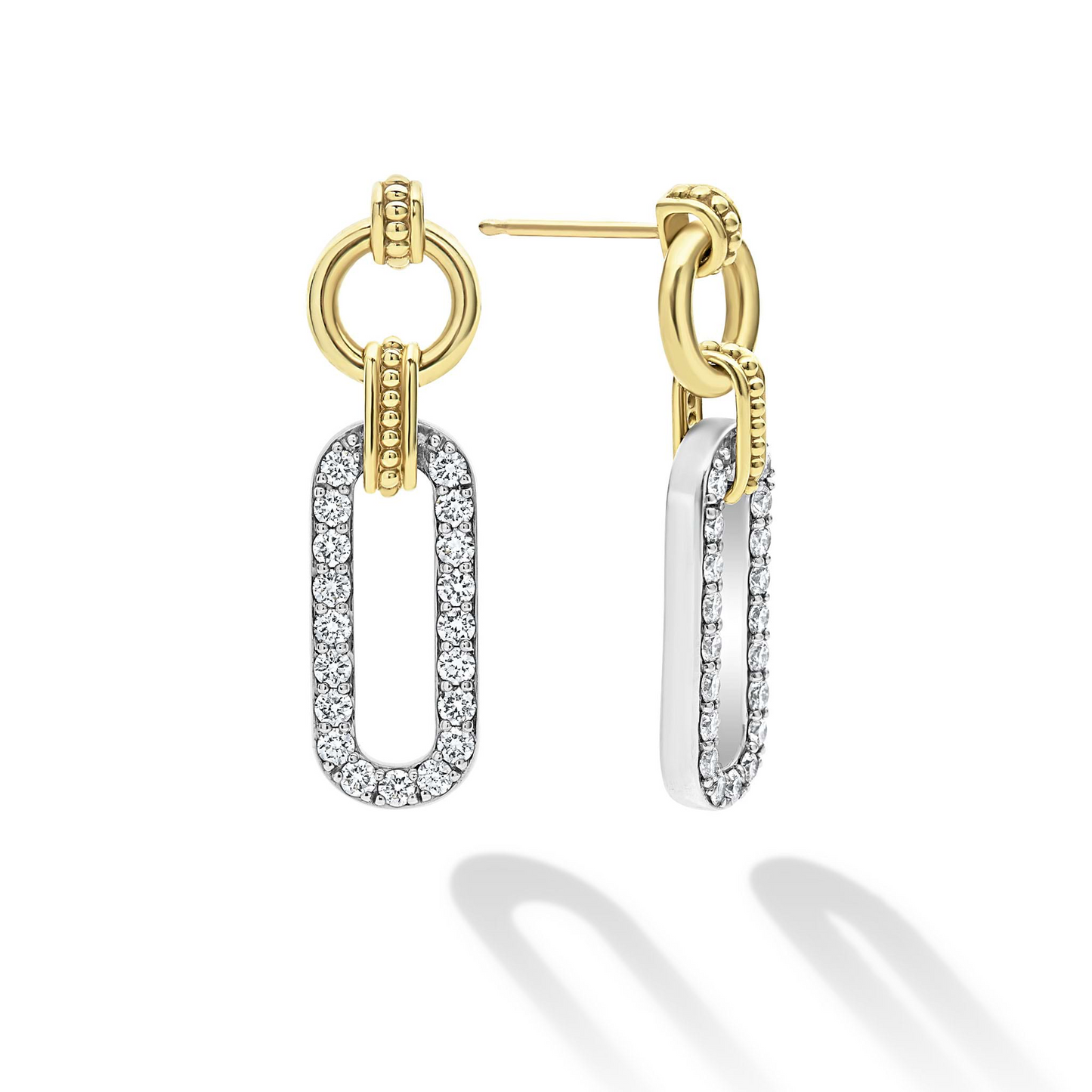 Lagos Two-Tone Link Diamond Drop Earrings in Sterling Silver and 18k Gold