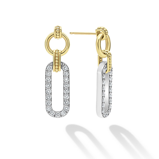 Lagos Two-Tone Link Diamond Drop Earrings in Sterling Silver and 18k Gold