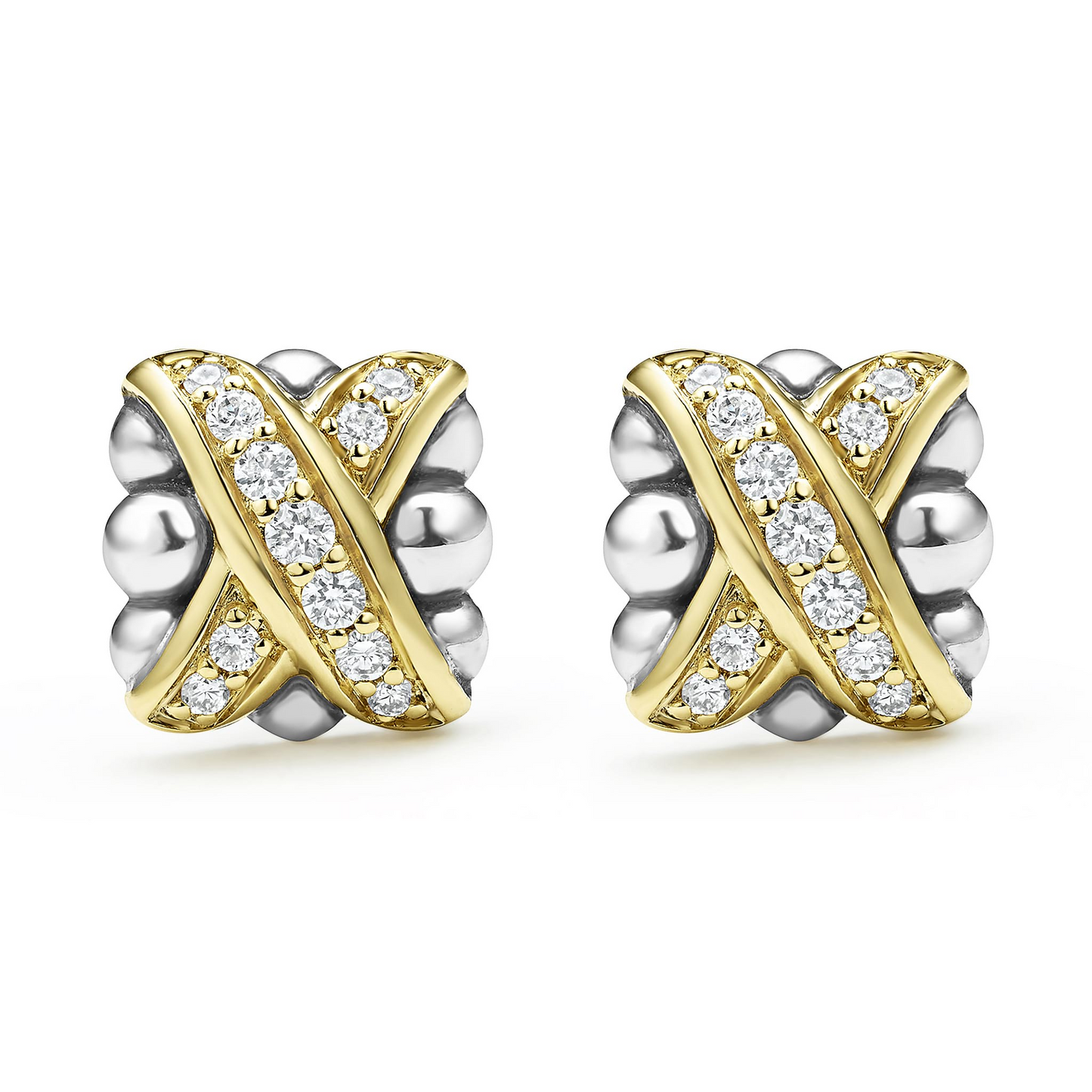 Lagos Two-Tone X Diamond Stud Earrings in Sterling Silver and 18k Gold