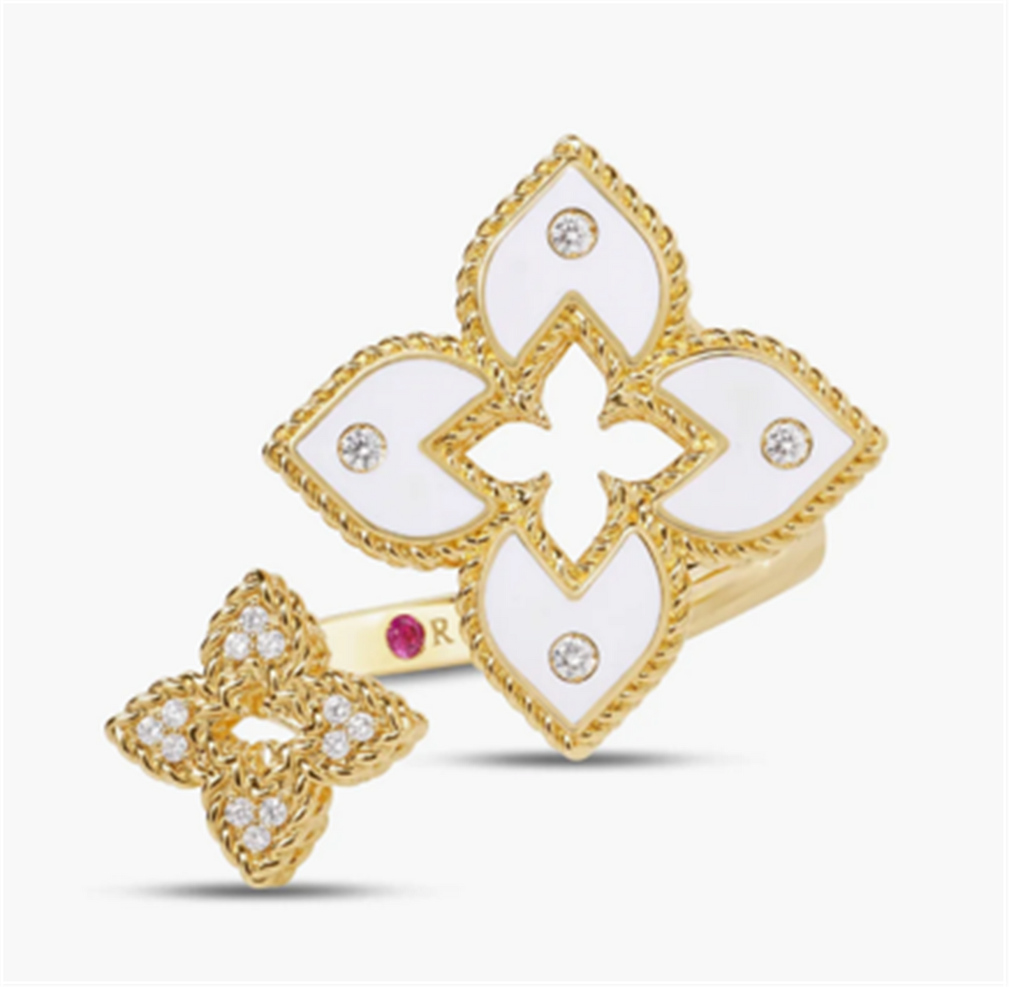 Roberto Coin Venetian Princess Diamond & White Enamel Double Flower Bypass Ring in 18k Yellow Gold