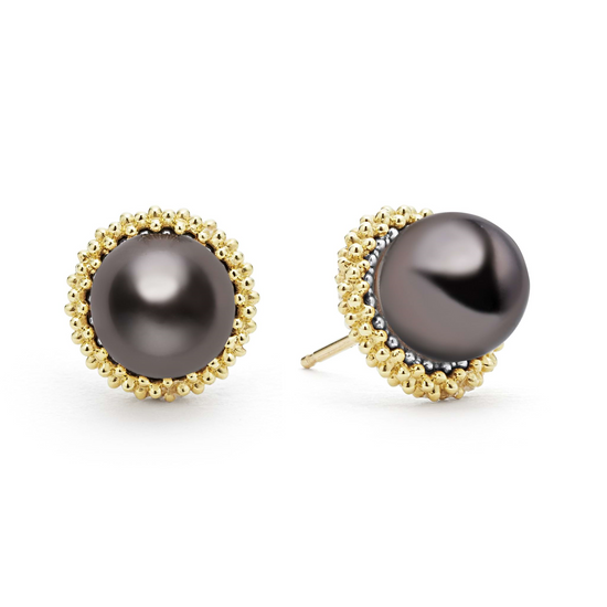 Lagos Tahitian Black Pearl Stud Earrings in Sterling Silver and 18k Gold