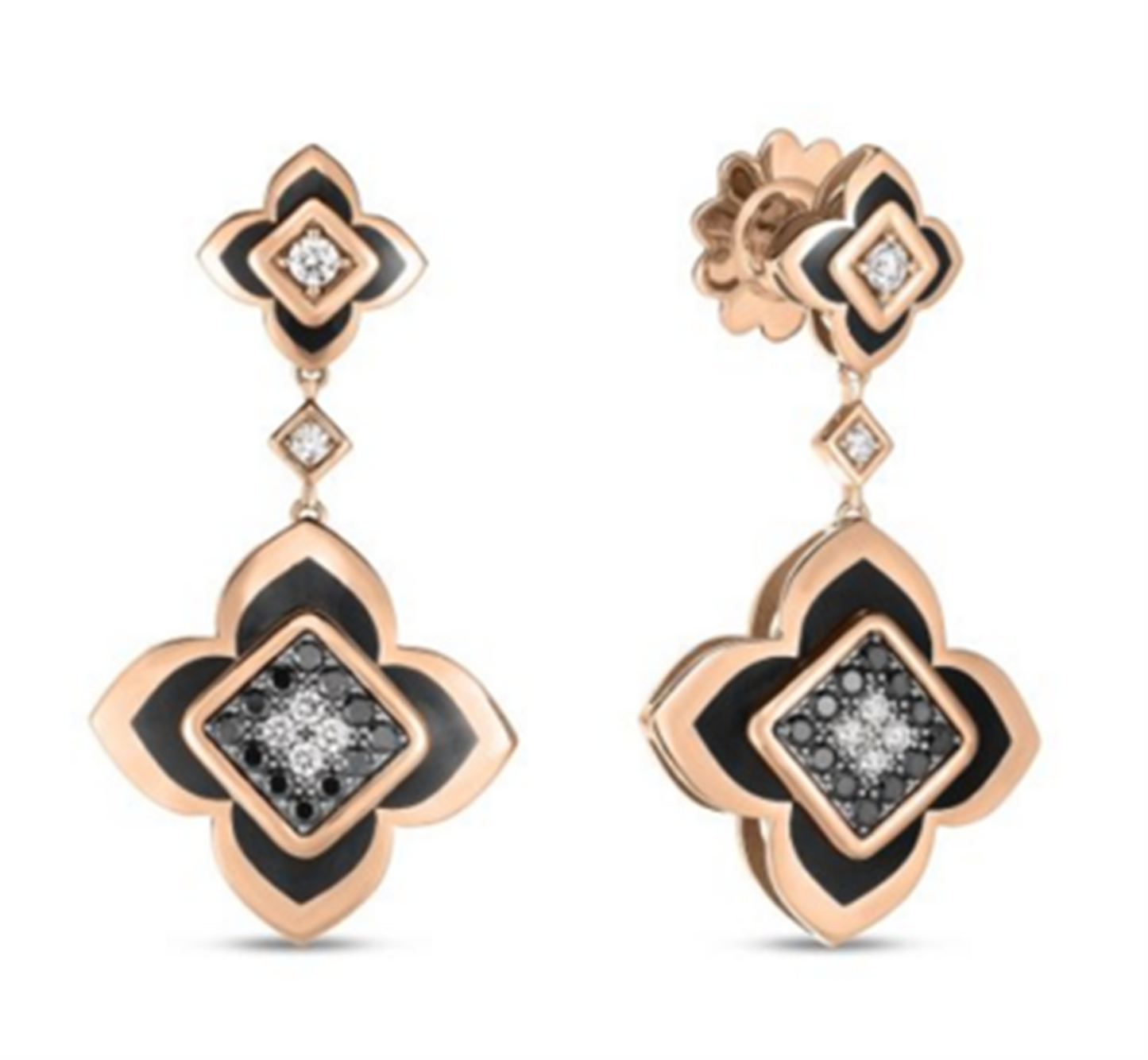 Roberto Coin Gold Palazzo Ducale Carnival Black Diamond, Black Enamel, & White Diamond Flower Dangle Earrings