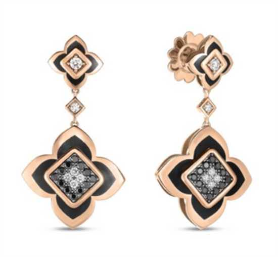 Roberto Coin Gold Palazzo Ducale Carnival Black Diamond, Black Enamel, & White Diamond Flower Dangle Earrings