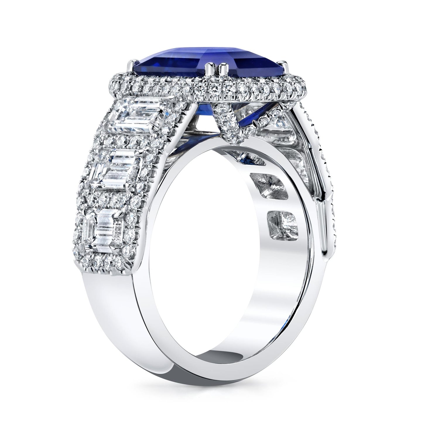 Joshua J Platinum 7ct Emerald-Cut Blue Sapphire w/ Infinity Diamond Halo