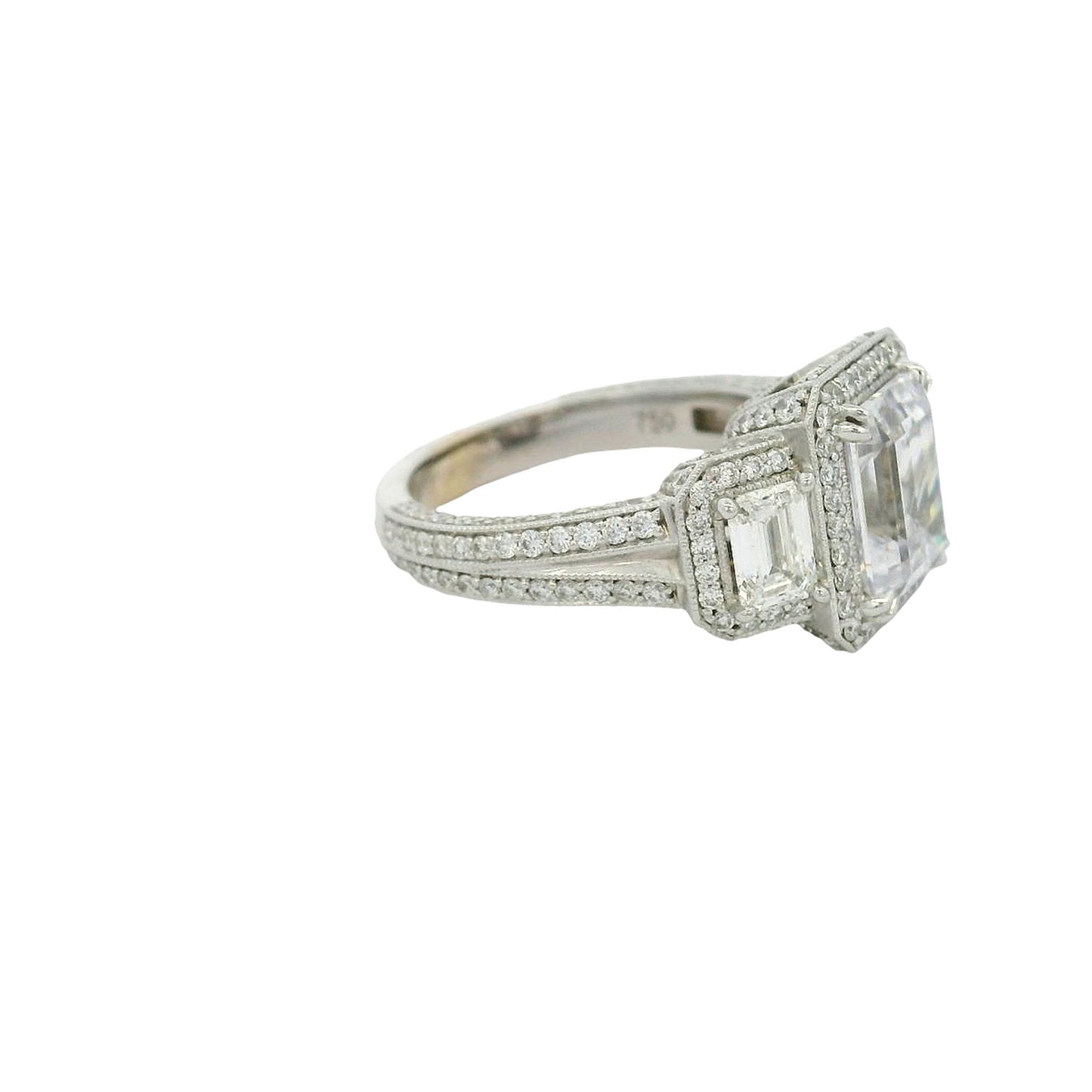 Couture 3 Stone & Diamond Halo Ring Setting in 18k White Gold