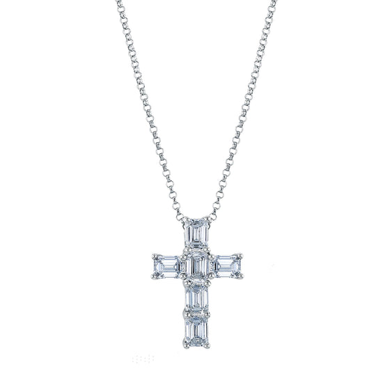 Joshua J Emerald Cut Diamond Cross Pendant in 18k White Gold & 1ct Diamonds