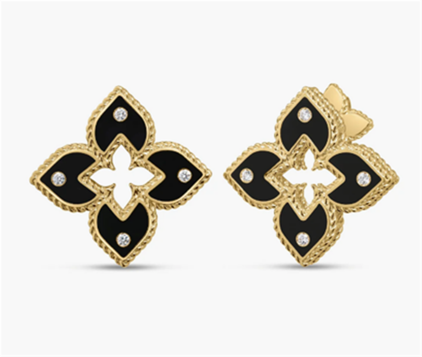 Roberto Coin Venetian Princess Diamond & Black Enamel Flower Stud Earrings in 18k Yellow Gold