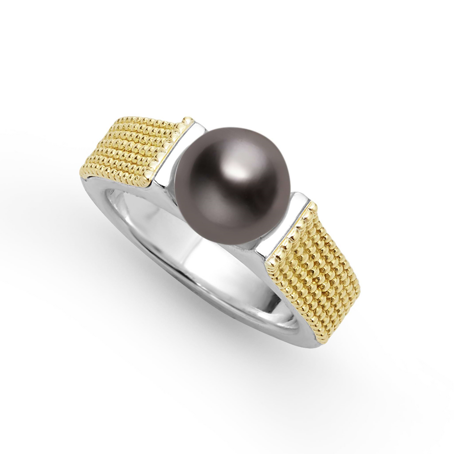 Lagos Two-Tone Tahitian Black Pearl Ring in Sterling Silver and 18k Gold