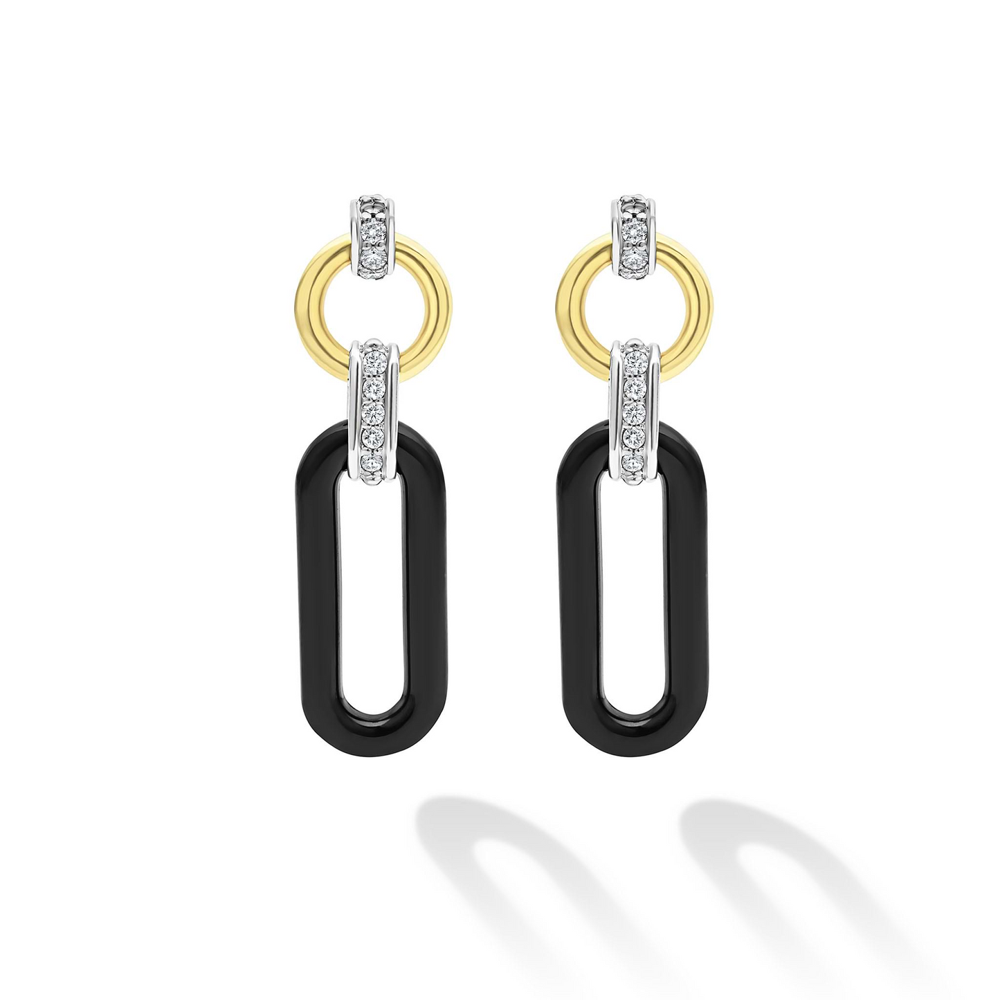 Lagos Link Drop Diamond Earrings in Sterling Silver, 18k Gold and Black Ceramic