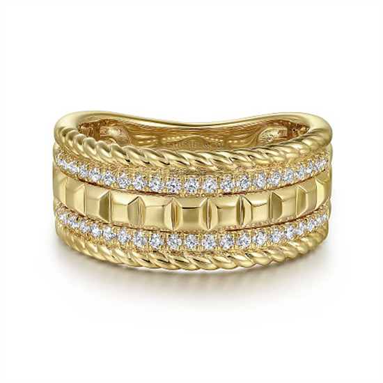 Gabriel & Co. Gold Diamond and Rope Wide Band Ladies Ring