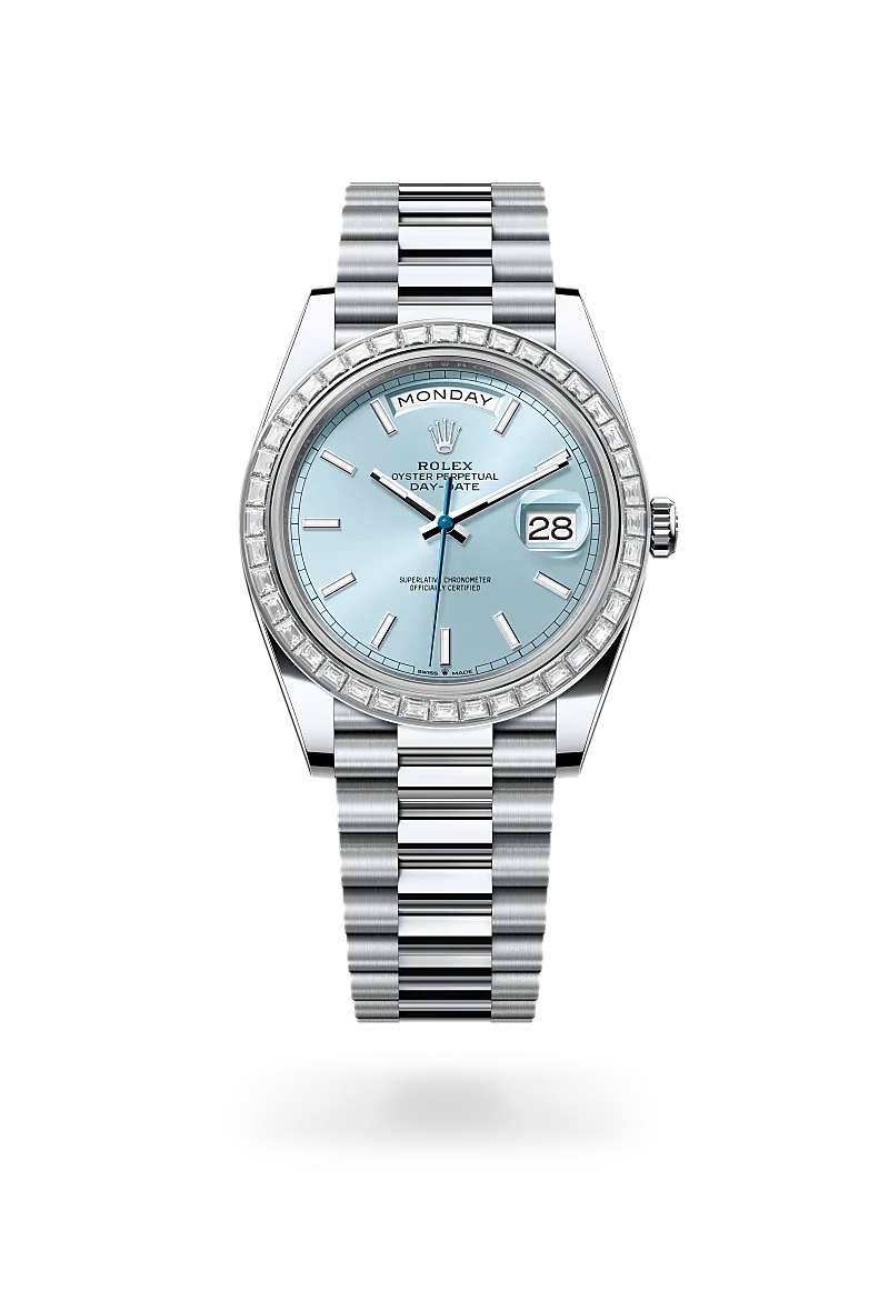 Rolex Day-Date 40 in Oyster, 40 mm, platinum and diamonds